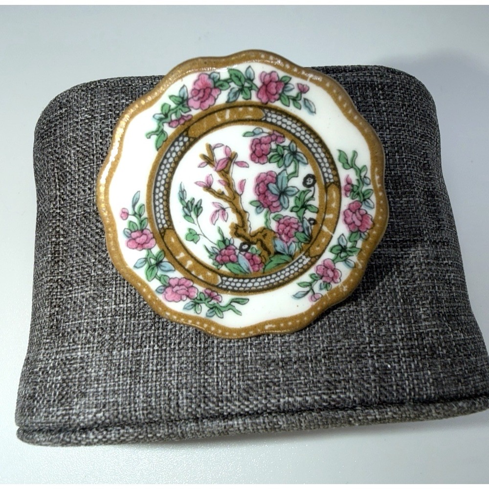 Vintage Coalport Porcelain Brooch Pink Floral Scalloped England Pin
